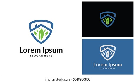 Shield Design With Leaf and House Logo Template. Vector Illustration.