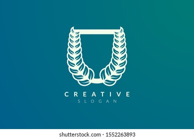 Shield design with leaves on the edge. Minimalist and simple vector in gold for product and brand.