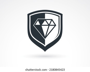 Shield with diamond logo vector, ammo protection symbol, antivirus or sport theme, insurance or guarantee.