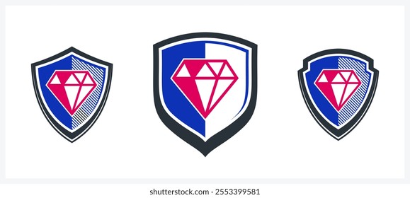 Shield with diamond logo vector, ammo protection symbol, antivirus or sport theme, insurance or guarantee.