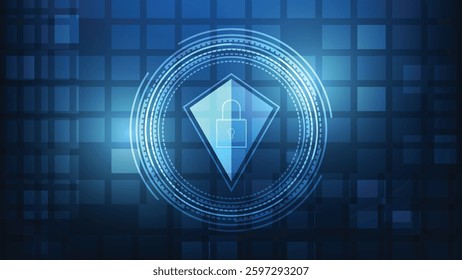 shield and digital padlock with futuristic circle on blue background