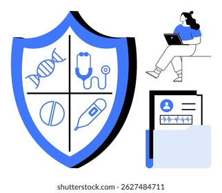 Shield displaying DNA, stethoscope, pill, and thermometer, woman with laptop, medical files. Ideal for digital health, data security, telemedicine, patient care, medical research, health insurance