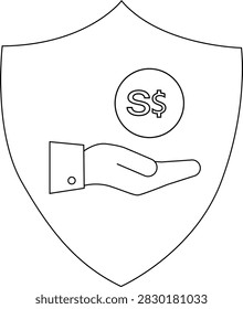 A shield displaying a hand offering a Singapore dollar coin, symbolizing financial security and protection of assets.