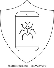 A shield displaying a smartphone with a bug, symbolizing mobile security and protection against malware and vulnerabilities.