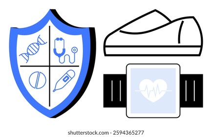 Shield with DNA, stethoscope, pill, and thermometer symbols, a shoe, and a smartwatch with a heart rate icon. Ideal for healthcare, fitness, wellness, protection, medical equipment, health tracking