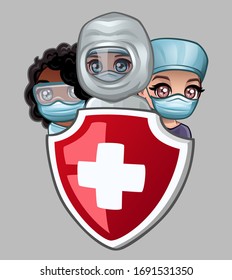 Shield and doctors with masks. Vector illustration