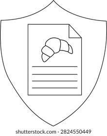Shield with a document displaying a croissant atop lines simple black and white design
