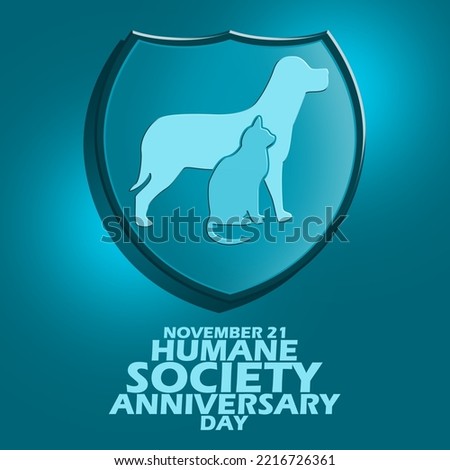 A shield with a dog and cat engraving with bold text on a dark turquoise background to celebrate Humane Society Anniversary Day on November 22