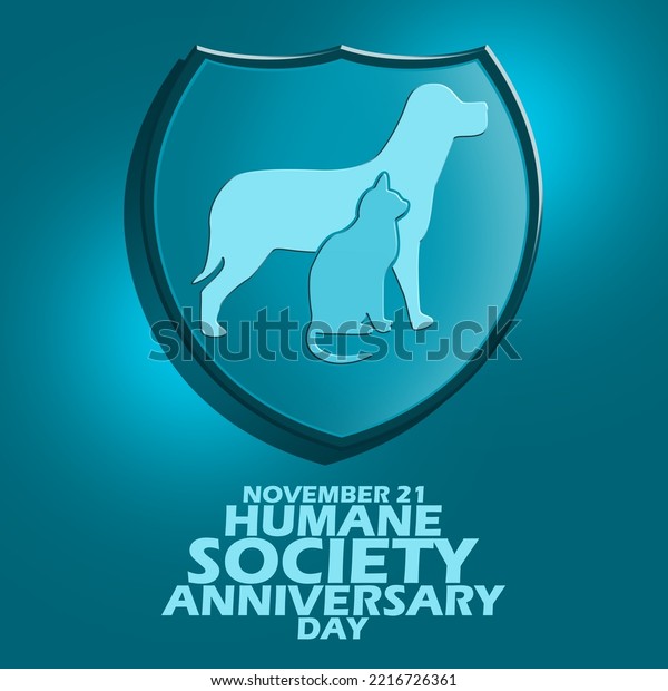 A shield with a dog and cat engraving with\
bold text on a dark turquoise background to celebrate Humane\
Society Anniversary Day on November\
22