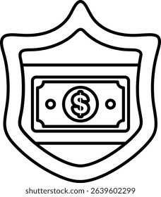 A shield with a dollar bill on it. The shield is black and white