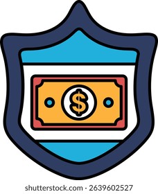 A shield with a dollar bill on it. The shield is blue and white. The dollar bill is red, yellow, and white