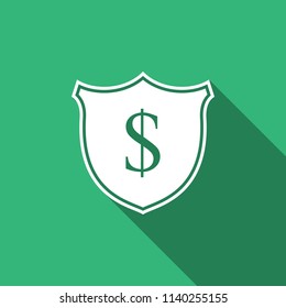 Shield and dollar icon isolated with long shadow. Security shield protection. Money security concept. Flat design. Vector Illustration