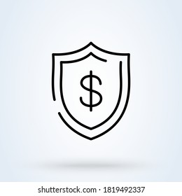 icono o logotipo de la línea de dólar blindado. Concepto de la Guardia de Dinero. Protección y control de la ilustración lineal vectorial de banco de dinero seguro.