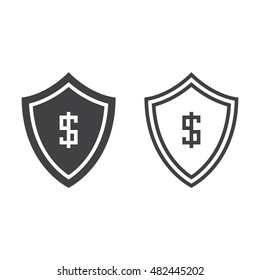 shield with dollar line icon, outline and solid protection vector sign, linear and full pictogram isolated on white, logo illustration