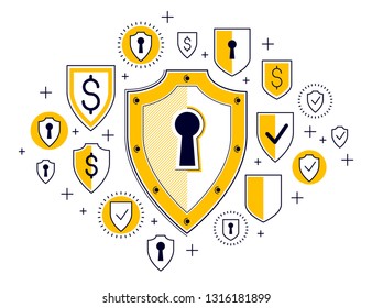Shield and dollar set of icons, financial security concept, armor business defender, finance protection, vector flat thin line design, elements can be used separately.
