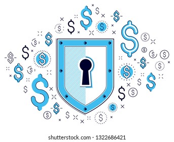 Shield and dollar set of icons, financial security concept, armor business defender, finance protection, vector flat thin line design, elements can be used separately.