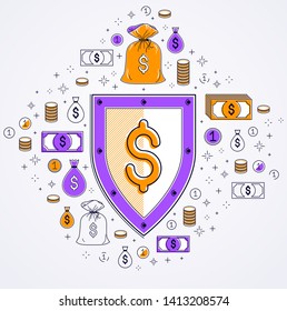 Shield and dollar set of icons, financial security concept, armor business defender, finance protection, vector flat thin line design, elements can be used separately.