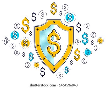 Shield and dollar set of icons, financial security concept, armor business defender, finance protection, vector flat thin line design, elements can be used separately.