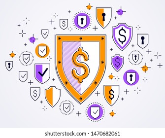 Shield and dollar set of icons, financial security concept, armor business defender, finance protection, vector flat thin line design, elements can be used separately.