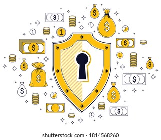Conjunto de iconos de escudo y dólar, concepto de seguridad financiera, defensor de negocios de armadura, protección financiera, diseño de línea delgada plana vectorial, elementos que se pueden usar por separado.