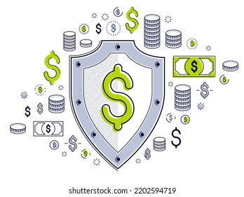 Conjunto de iconos de escudo y dólar, concepto de seguridad financiera, defensor de negocios de armadura, protección financiera, diseño de línea delgada plana vectorial, elementos que se pueden usar por separado.