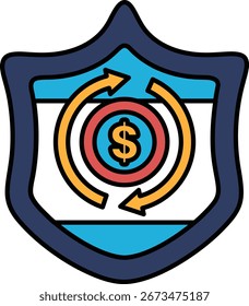 Um escudo com um cifrão e setas apontando para ele. O escudo é azul e branco. O cifrão é vermelho e amarelo