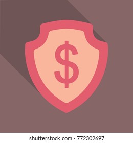 Shield with dollar symbol in flat style with shadow.