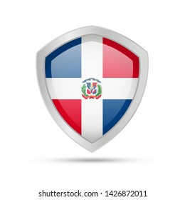 Shield with Dominican Republic flag on white background. Vector illustration.