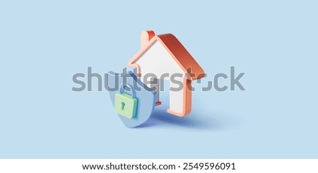 Shield, door lock, house, icon, 3D. Modern banner for real estate concepts, private property protection, insurance, web design. Vector illustration.