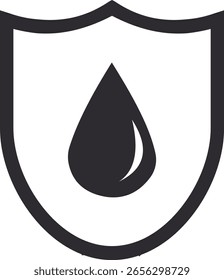 Shield with drop icon. Water Resistant. Waterproof, Security vector. Protection icon. Save water. Oil safety. Rain protection. Pollution protection. Water drop. black design
