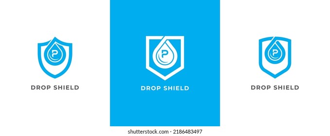 Shield Drop Logo Concept icon symbol sign Design Line Art Style with Letter P. Waterproof Protection Droplet Logotype. Vector illustration template