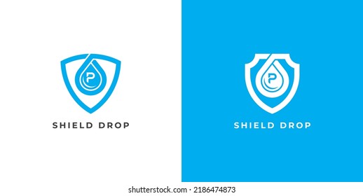 Shield Drop Logo Concept sign icon symbol Design Line Art Style with Letter P. Waterproof Protection Logotype. Vector illustration template