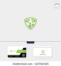 shield and eco leaf nature logo template vector illustration and logo inspiration, free business card design