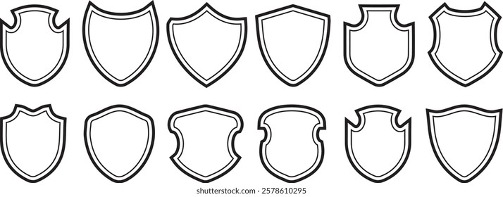 Shield editable stroke and fill vector symbol set. Shield shapes collection. Set of shield icons in outline style. Editable stroke. Vector illustration.