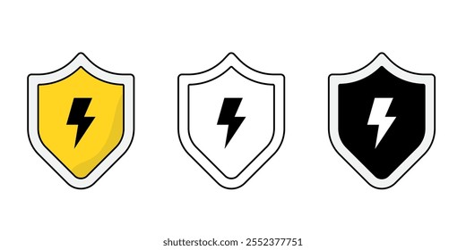 Shield electrical icon isolated background. electric shield and voltage protection flat design, pictogram electrical safety check, vector illustration.