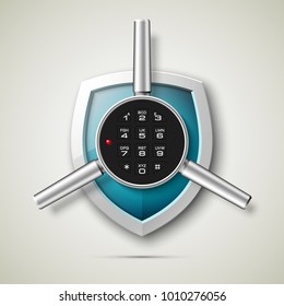 Shield & electronic combination lock. Defense sign & PIN code entry panel. Protection concept. Safety badge shield icon. Privacy protection banner. Security label icon. Presentation sticker shield tag