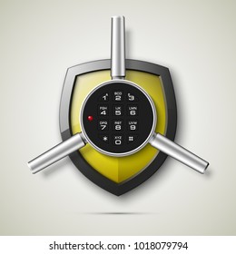 Shield & electronic combination lock. Defense sign & PIN code entry panel. Protection concept. Safety badge shield icon. Privacy protection banner. Security label icon. Presentation sticker shield tag