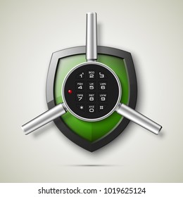 Shield & electronic combination lock. Defense sign & PIN code entry panel. Protection concept. Safety badge shield icon. Privacy protection banner. Security label icon. Presentation sticker shield tag