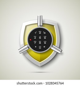 Shield & electronic combination lock. Defense sign & PIN code entry panel. Protection concept. Safety badge shield icon. Privacy protection banner. Security label icon. Presentation sticker shield tag