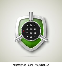 Shield & electronic combination lock. Defense sign & PIN code entry panel. Protection concept. 