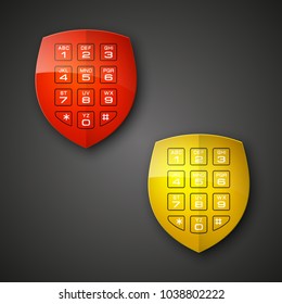 Shield & electronic combination lock. Defense sign & PIN code entry panel. Protection concept. Safety badge shield icon. Privacy protection banner. Security label icon. Presentation sticker shield tag