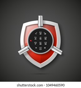 Shield & electronic combination lock. Defense sign & PIN code entry panel. Protection concept. Safety badge shield icon. Privacy protection banner. Security label icon. Presentation sticker shield tag