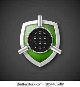 Shield & electronic combination lock. Defense sign & PIN code entry panel. Protection concept. Safety badge shield icon. Privacy protection banner. Security label icon. Presentation sticker shield tag