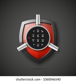 Shield & electronic combination lock. Defense sign & PIN code entry panel. Protection concept. Safety badge shield icon. Privacy protection banner. Security label icon. Presentation sticker shield tag