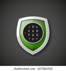 Shield & electronic combination lock. Defense sign & PIN code entry panel. Protection concept. Safety badge shield icon. Privacy protection banner. Security label icon. Presentation sticker shield tag