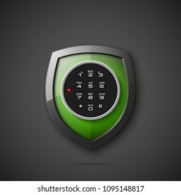 Shield & electronic combination lock. Defense sign & PIN code entry panel. Protection concept. Safety badge shield icon. Privacy protection banner. Security label icon. Presentation sticker shield tag