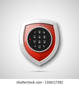 Shield & electronic combination lock. Defense sign & PIN code entry panel. Protection concept. Safety badge shield icon. Privacy protection banner. Security label icon. Presentation sticker shield tag