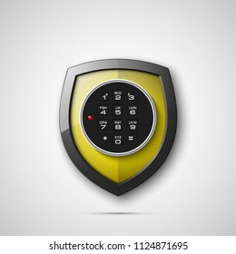 Shield & electronic combination lock. Defense sign & PIN code entry panel. Protection concept. Safety badge shield icon. Privacy protection banner. Security label icon. Presentation sticker shield tag
