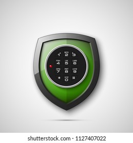 Shield & electronic combination lock. Defense sign & PIN code entry panel. Protection concept. Safety badge shield icon. Privacy protection banner. Security label icon. Presentation sticker shield tag