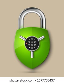 Shield & electronic combination lock. Defense sign & PIN code entry panel. Protection concept. Safety badge shield icon. Privacy protection banner. Security label icon. Presentation sticker shield tag